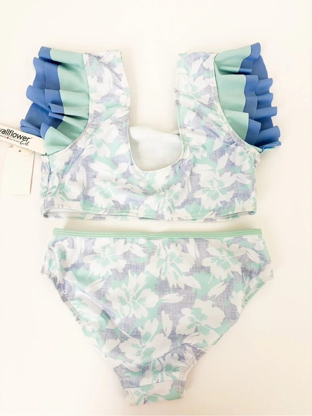 Wallflower Girl Mint and Blue Floral Ruffle-Sleeve Two-Piece Swimsuit 10/12 NEW